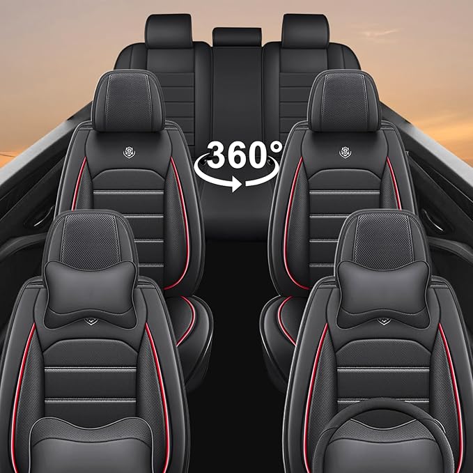 Seat Covers Fit for GMC Yukon XL 2000-2026, 7 Seat, Compatible Airbag Non-Slip Waterproof Leather Seat Cover, Luxury Interior Full Set with Pillow Steering Wheel Covers, Black Red