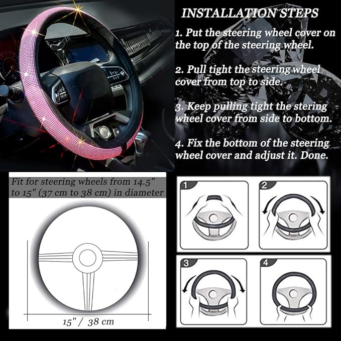 ChuLian New Diamond Leather Steering Wheel Cover with Bling Bling Crystal Rhinestones, Universal Fit 15 Inch Car Wheel Protec