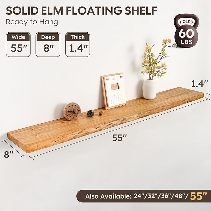 Live Edge Floating Shelf 55 Inch Extra Long | Solid Rustic Elm Wood with Invisible Brackets | Wall Mounted Shelf for Living R