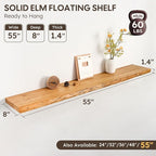 Live Edge Floating Shelf 55 Inch Extra Long | Solid Rustic Elm Wood with Invisible Brackets | Wall Mounted Shelf for Living R