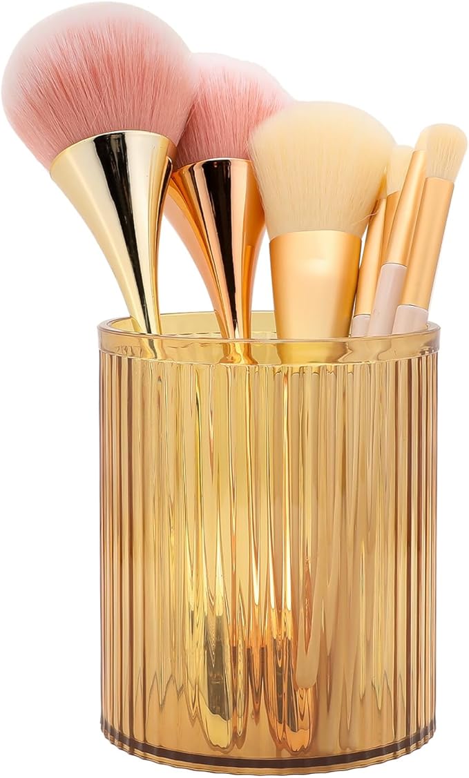 DASITON Makeup Brush Holder Organizer, Acrylic Makeup Brush Cup, Vintage Striped Make Up Brush Holder for Vanity, Bathroom Co