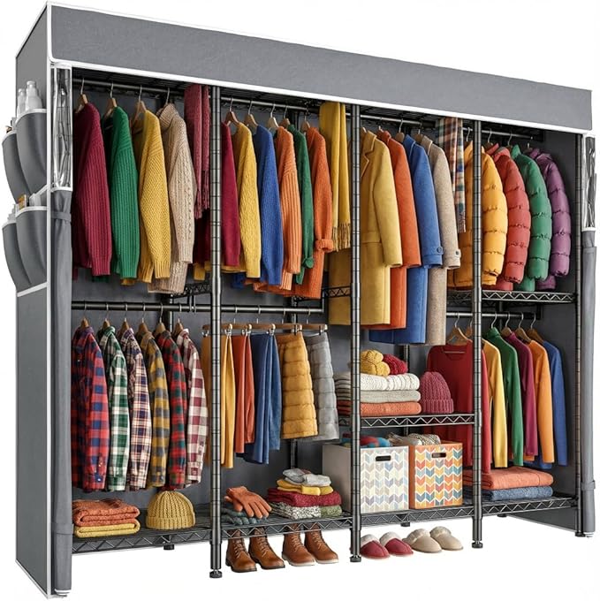 Raybee Clothes Rack with Cover,1100 LBS,Clothing Racks for Hanging with 10 Shelves& 7 Rods,Portable Closet Heavy Duty,Adjusta
