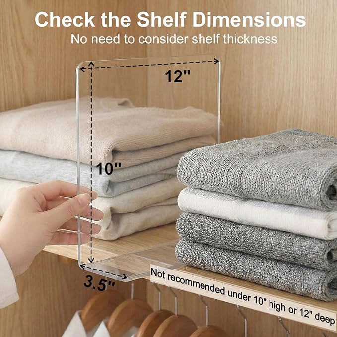 SortNStore Shelf Dividers for Closet Organization: 10" Tall x 12" Deep, Adhesive Separators Features Acrylic Material and Pro