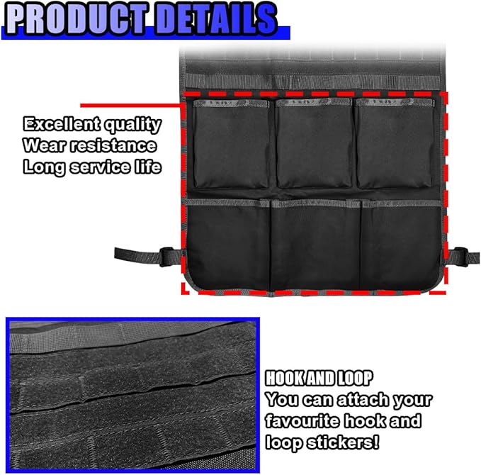 Tactical Molle Panel Car Seat Back Organizer, Waterproof Car Front Seat Protector with Multiple Pockets, Universal Kick Mat for Kids/Pets, Vehicle Backseat Storage Bag for Most Cars (Black)