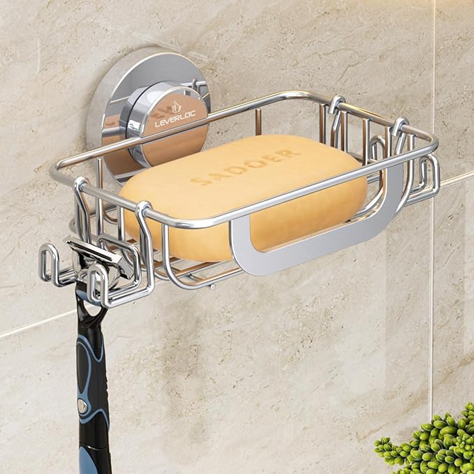 LEVERLOC Soap Holder Shower with Hooks, Bar Suction Cup Soap Dish Tray for Wall, Rust-Proof Stainless Steel Sponge Caddy for 