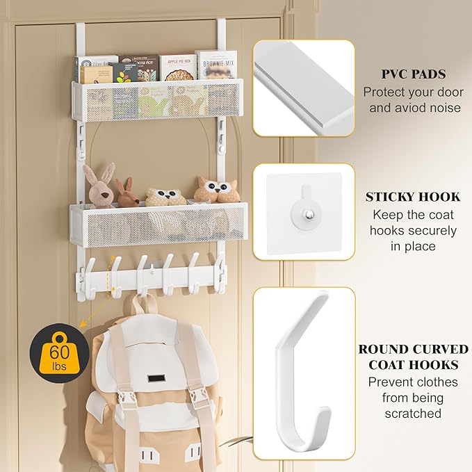 LUCYCAZ Adjustable Over The Door Hooks Organizer, Hanger Storage with 10 Coat Hooks & 2 Mesh Basket, Over The Door Towel Rack