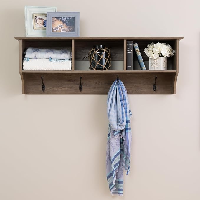 Prepac Drifted Gray 48" Contemporary Wall Mounted Coat Rack, Coat Hooks Wall Mount with 3 Shelves, Ideal for Hallway or Entry
