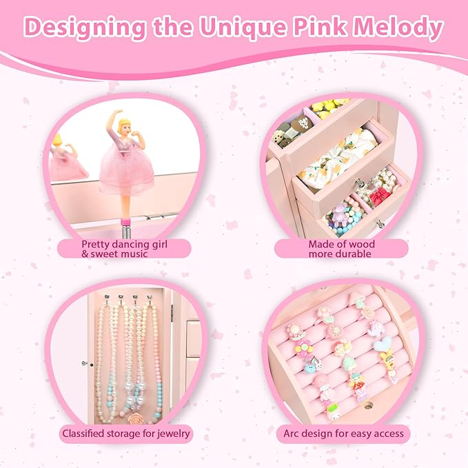 Emfogo Musical Jewelry Box for Girls, Large Kid Music Box with Ballerina for Birthday Bedroom Decor, 5 Layer Girl Jewelry Gif