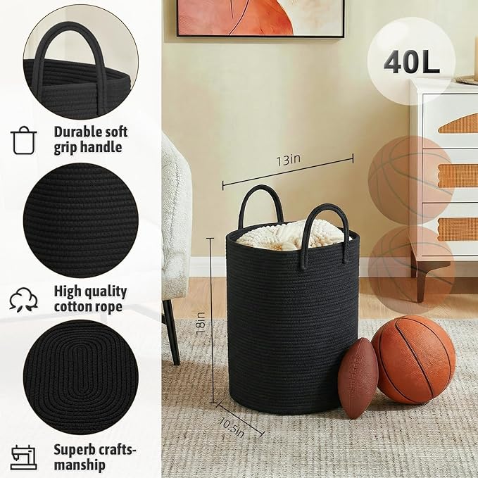 Artfeel Laundry Basket,Woven Cotton Rope Laundry Hamper,40L Versatile Storage for Dirty Clothes,Baby Toys,and Blankets in Bat