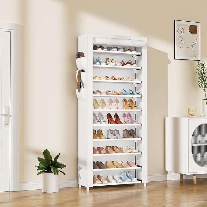 VTRIN Vertical Narrow Shoe Rack Organizer Tall Shoe Rack for Closet Entryway 10 Tier Non-Woven Cover Shoe Shelf Holds 36-41 P