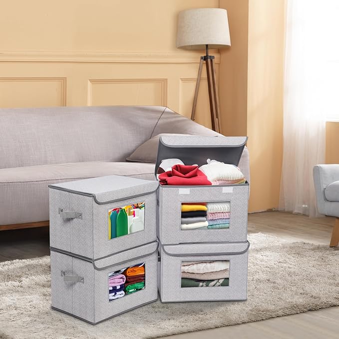 Univivi Fabric Foldable Storage Boxes [4-Pack] Large Collapsible Stackable Storage Bins with Lids, Closet Organizers and Stor