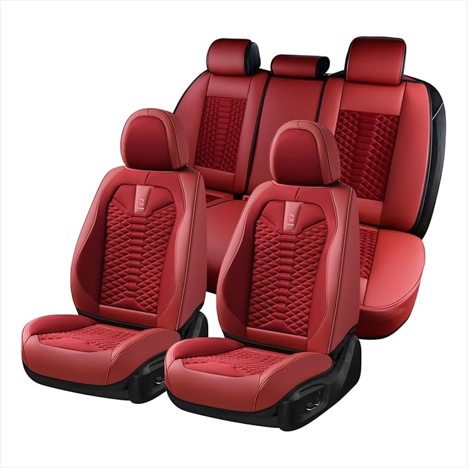 Coverado Car Seat Covers Full Set, Red Seat Covers for Cars 5 Seats, Breathable Fabric& Faux Leather Car Seat Cushions, Front