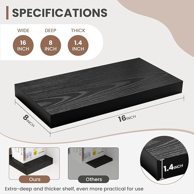 16 Inch Floating Shelves, 8 Inch Deep Floating Shelves for Wall, Hanging Shelf with Invisible Brackets, Deep Shelves for Bath