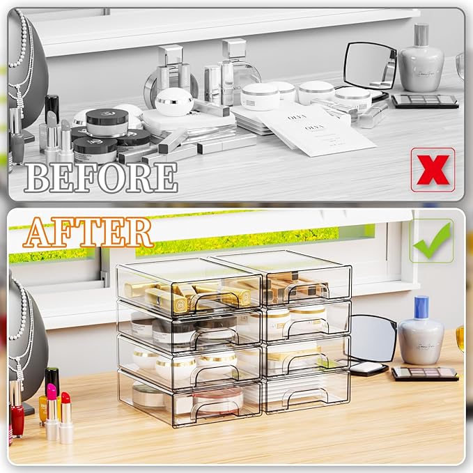 Yieach 8 Pack Small Clear Stackable Storage Drawers,2.2'' Tall Desk Organization and Storage,Plastic Office Supply Organizer,