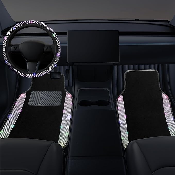 NBTEPEM Bling Car Floor Mats Full Set and Steering Wheel Cover, Universal Fit Most Cars, 4 pcs Sparkle Glitter Diamond Carpet, 5 pcs Bling Car Accessories Set for Women (Multicolor Diamond)