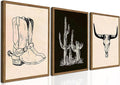 Vintage Western Wall Art Set of 3, Southwestern Cowboy Wall Decor Paintings, Black and White Longhorn Bull Skull Canvas Print