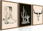 Vintage Western Wall Art Set of 3, Southwestern Cowboy Wall Decor Paintings, Black and White Longhorn Bull Skull Canvas Print
