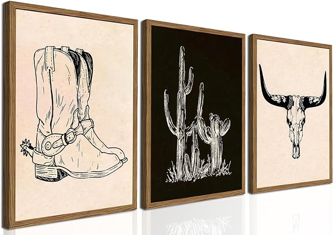 Vintage Western Wall Art Set of 3, Southwestern Cowboy Wall Decor Paintings, Black and White Longhorn Bull Skull Canvas Print
