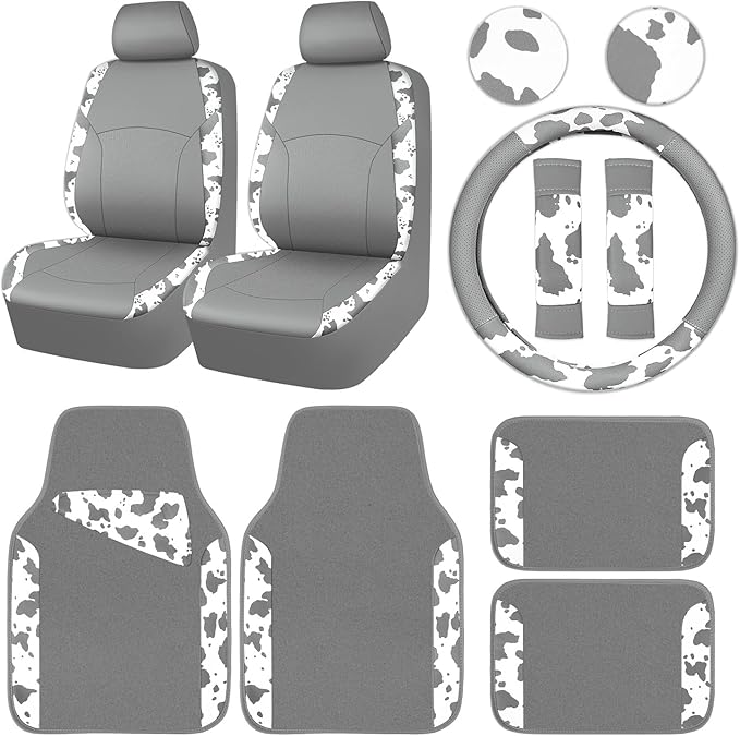 CAR PASS Cow Print Faux Leather Car Seat Covers & Cow Car Mats & Cow Steering Wheel Cover Seat Belt Pads Universal fit for SU