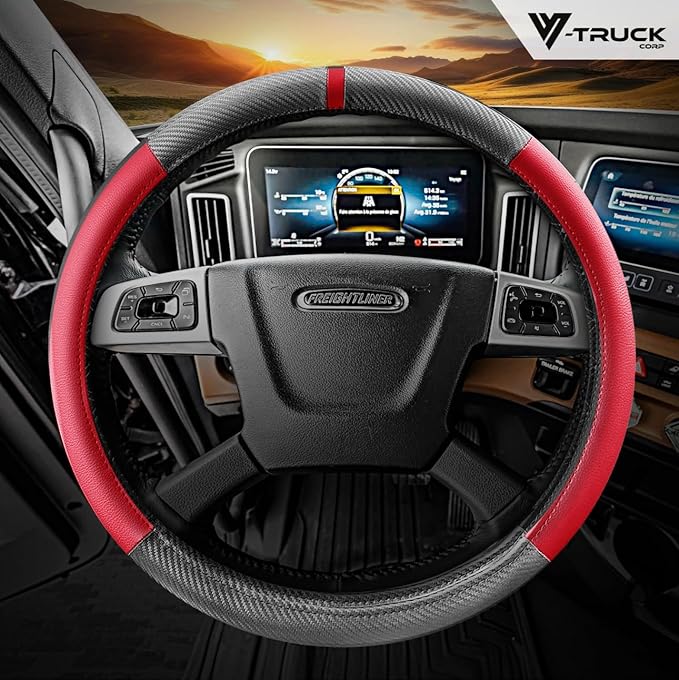 18-Inch Genuine Leather Steering Wheel Cover for Semi Trucks – Red with Black Carbon Fiber Imitation, Heavy-Duty Non-Slip Grip, Universal Fit, Easy Installation