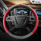 18-Inch Genuine Leather Steering Wheel Cover for Semi Trucks – Red with Black Carbon Fiber Imitation, Heavy-Duty Non-Slip Grip, Universal Fit, Easy Installation