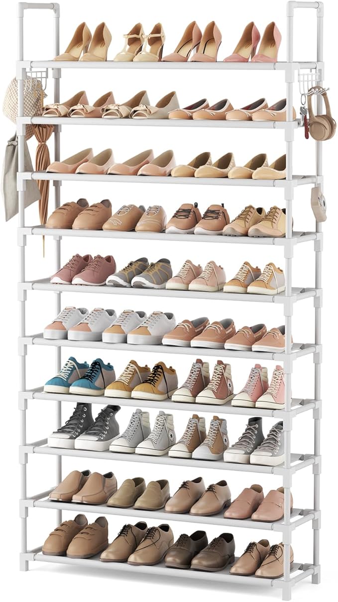 VTRIN 10 Tiers Shoe Rack Tall Large Capacity Wide Shoe Organizer Sturdy Shoe Shelf for Entryway with Two Hooks Metal Shoe Sto