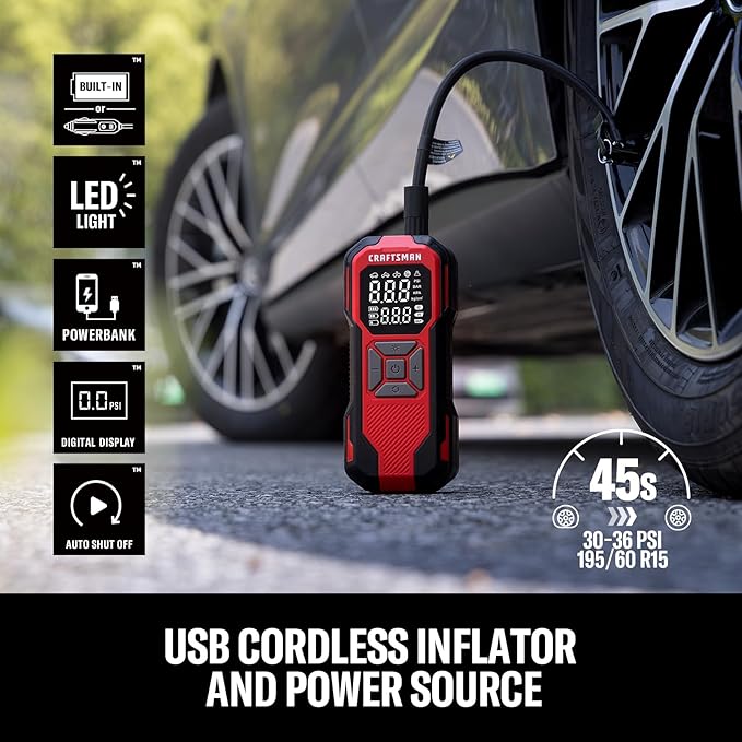 Craftsman Tire Inflator Portable Air Compressor - 20V Cordless Air Pump for Car Tires, 150PSI Upgrade High-Capacity Battery, Auto Shutoff Portable Tire Inflator for Car, LED Gauge & 12V DC Corded