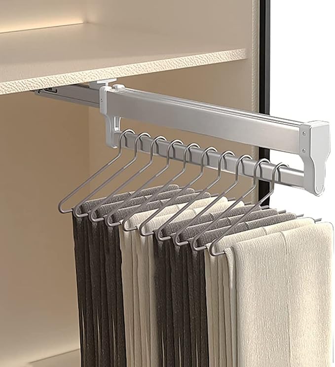 Pull Out Clothes Rail Extendable Pull Out Closet Rod - Adjustable Clothing Organizer Holder, Telescopic Pant Hanger with Damp