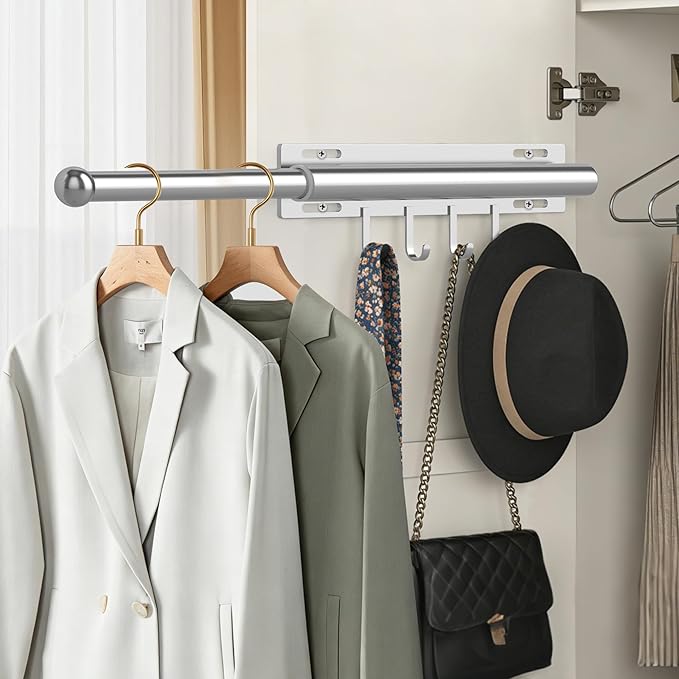 Valet Rod for Closet Retractable with 4 Hooks, 13.4"-23.2" Pull Out Clothes Hanger Rail, Heavy Duty Alloy Steel Side Mount Wa