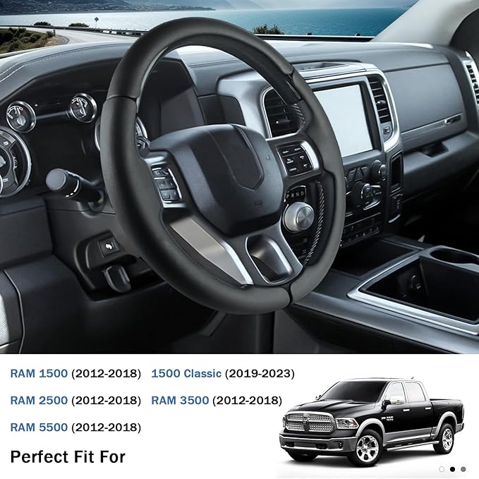 Steering Wheel Cover for Ram 1500, Car Steering Wheel Cover for Dodge Ram 1500 (2012-2018) 1500 Classic(2019-2023) 2500(2012-2018) 3500(2012-2018) 5500(2012-2018), Black