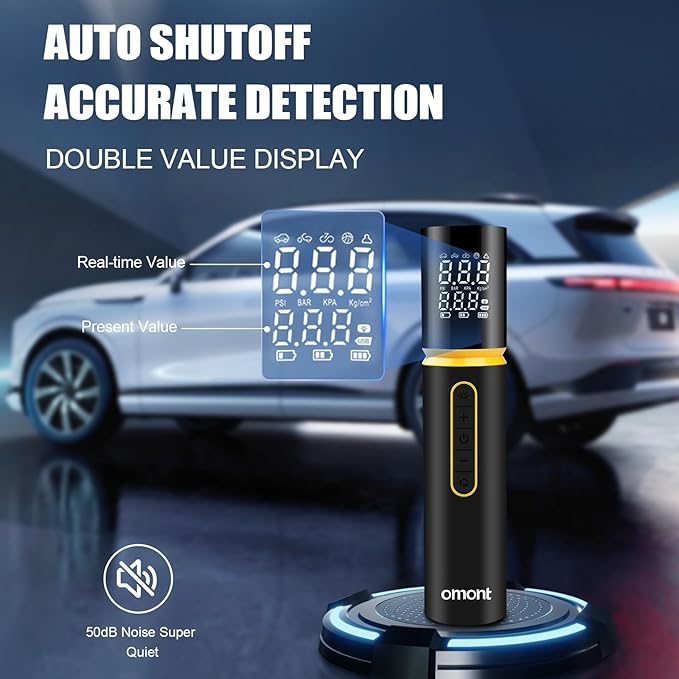 Tire Inflator Portable Air Compressor, Omont 150PSI Electric Bike Tire Pump Cordless Air Pump for Car Tires, 4X Faster Portable Tire Inflator with Digital Pressure Gauge for Car Bike Motorcycle Ball