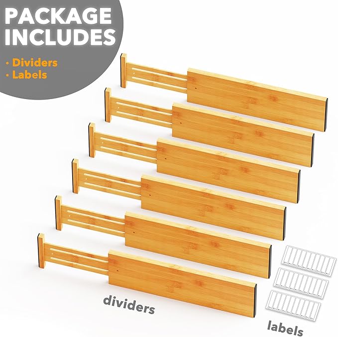 SpaceAid Bamboo Dresser Drawer Dividers 6 Pack, 4.65“ High Adjustable 17“-22” Drawer Organizers, Expandable Organization for 