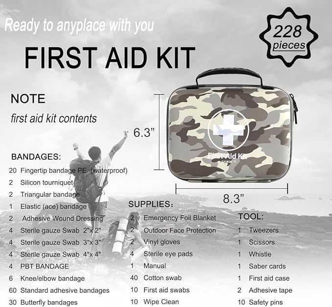 SHBC Waterproof First Aid Kit (228pcs) with All Basic or Advanced Supplies You Need. Suitable for Emergencies at Home or Outs