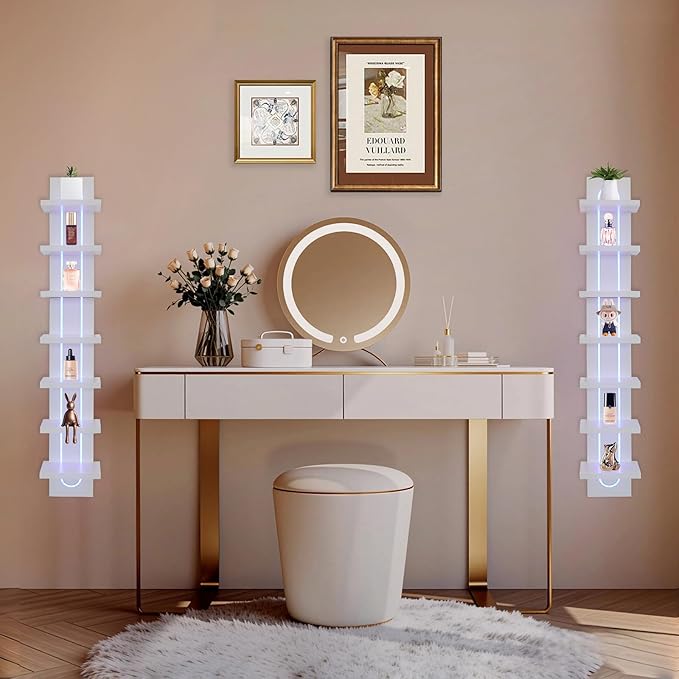 7 Tier Wall Shelf Unit with Light-Small Floating Shelves for Home Decor, Modern Unique Asymmetric Design for Bedroom & Living