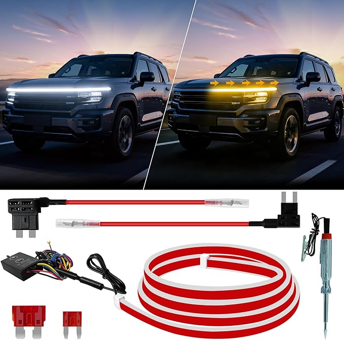 Sequential Dynamic Scan LED Hood Light Strip for Cars, Dual Color White DRL with Amber Turn Signal, Flexible Cuttable IP68 Waterproof Exterior LED Light, for Trucks SUVs Vans, 70inch 12V, 1 Set