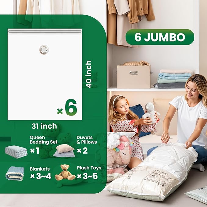 TAILI 6 Pack Vacuum Storage Bags, Jumbo Vacuum Seal Bags for Clothing (40x31 Inch), Space Saving for Bulky Bedding, Comforter