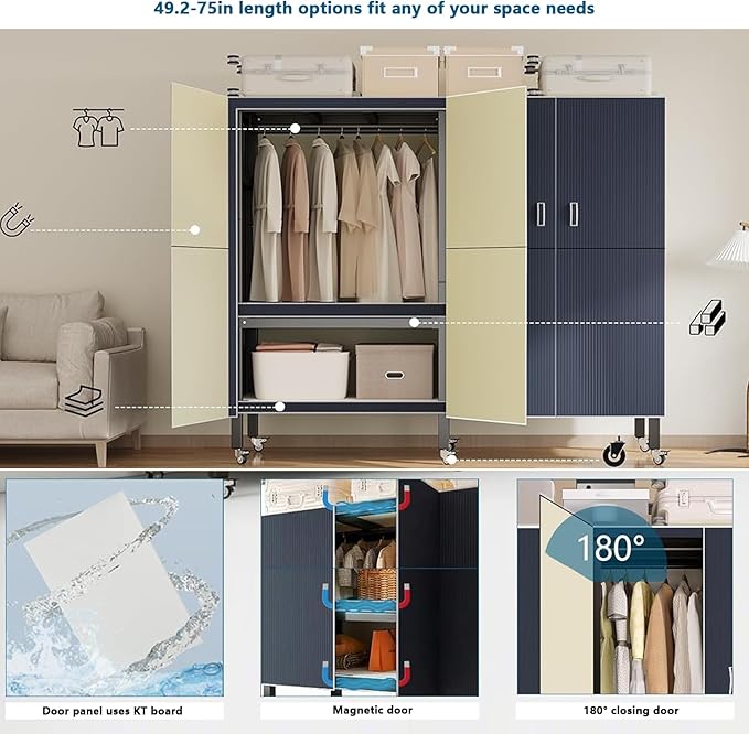 Heavy Duty Covered Clothes Rack with Magnetic Door 1500LBS Foldable Portable Wardrobe Closet for Hanging Clothing Rolling Bla
