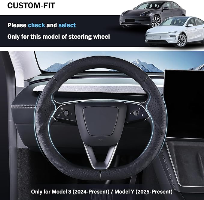 Steering Wheel Cover for Tesla Model 3 Highland(2024-Present)/ Model Y Juniper(2025-Present),Anti-Slip,Comfortable Grip,Breathable,Customized for Tesla Model 3/Y Accessories,Nappa Black