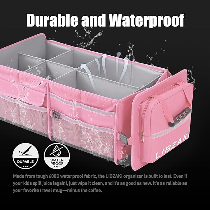 LIBZAKI Oversize 4 in 1 Car Trunk Storage Organizer, Multi Compartment Collapsible Trunk Storage Box with Cooler Bag for Car