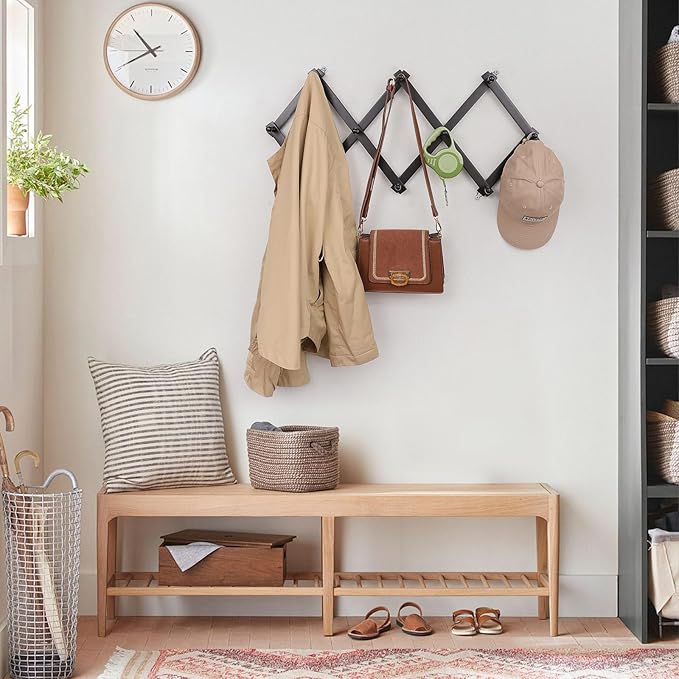 SCUNDA Wall Rack with 10 Hooks, Wooden Wall Expandable Coat Rack for Coat, Hats, Baseball Caps, Coffee Mug, Jewelry(Black)