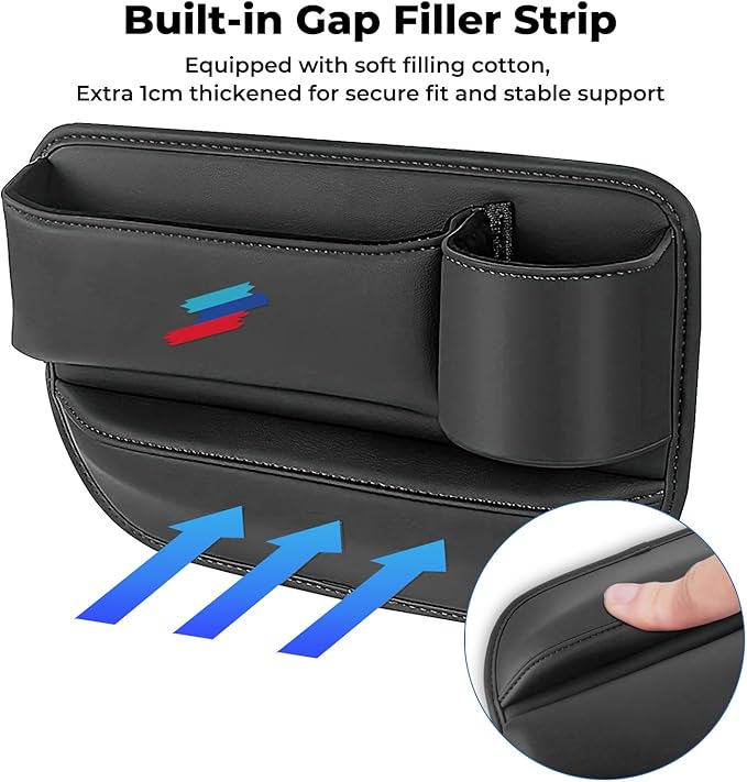 2 PCS Car Seat Gap Filler Organizer, Thickened Anti-Slip Leather Car Seat Crevice Storage Box with Cup Holder for BMW X3 X5 X7 X1 X6 X4 X1 X2 3 4 5 7 1 2 Accessories, with Sporty M 3-color logo