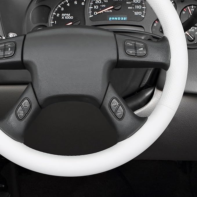 MEWANT Hand Stitched Steering Wheel Cover for Chevy Silverado 1500 2003-2006 DIY White Faux Leather Steering Wheel Wrap