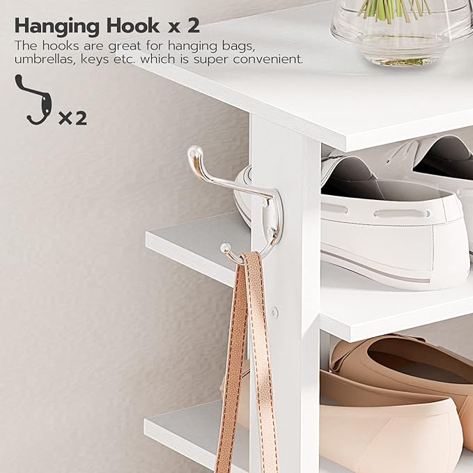 HOOBRO 8 Tiers Vertical Shoe Rack, Wooden Shoe Storage Organizer with Hooks, Narrow Shoe Tower for 8 Pairs, Space Saving, for