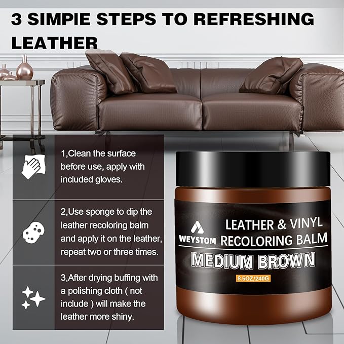 Leather Recoloring Balm - Medium Brown Leather Repair Kit for Furniture, Dye, Recolor, Renew, Repair & Restore Aged, Faded, C