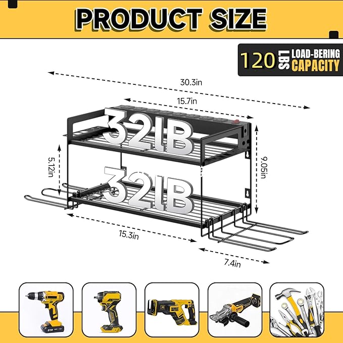 Power Tool Organizer Wall Mount, 2 Layers Heavy Duty 4 Cordless Drill Holder Tool Storage Rack with 8 Power Strip Battery Cha
