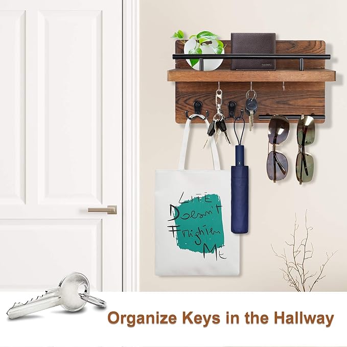 OurWarm Wall Mounted Key Holder/Hangers for Wall Decorative with 5 Key Hooks, Wooden Mail Rack Organizer with Shelf, Rustic H