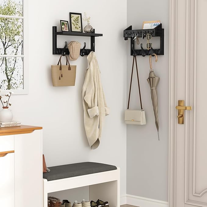 Evermagin 29" Coat Rack Wall Mount with Shelf, 4 in 1 Coat and Key Hanger with 11 Metal Hooks, Entryway Wall Mounted Shelf wi