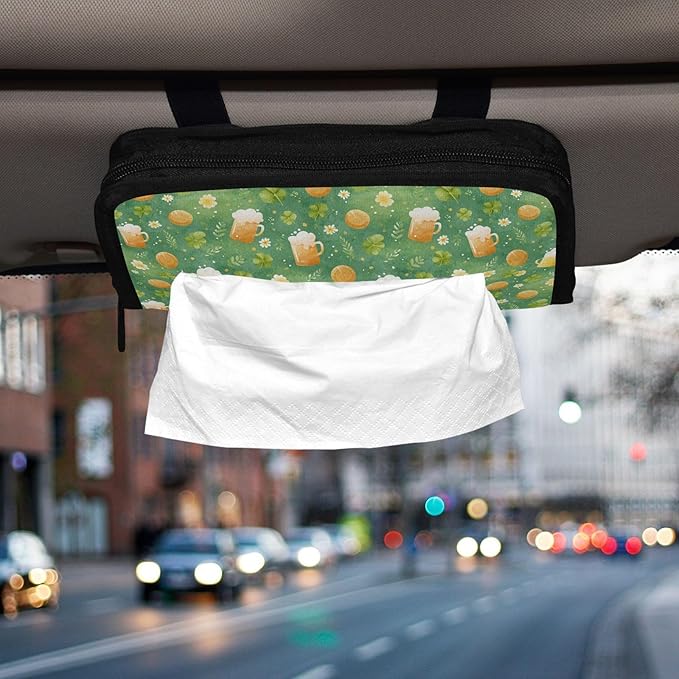 Car Tissue Holder Car Visor Organizer Tissue Box Holder for Car Sun Visor Organizer with Car Vehicle Accessories Essentials Interior for Women Men Green Mugs Clovers Daisies St.Patrick