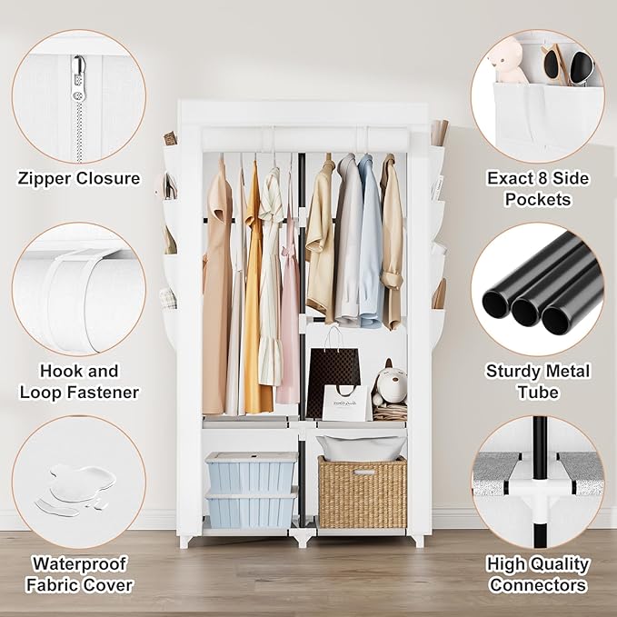 Portable Closet for Hanging Clothes, Portable Wardrobe Closet with Cover, 4 Storage Shelves, 2 Hanging Rods and 8 Side Pocket