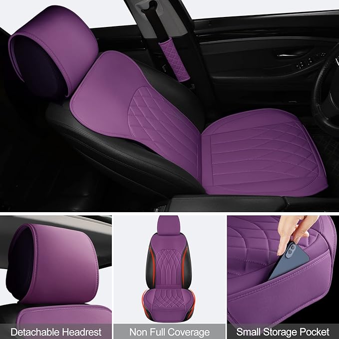 2 Pack Leather Front Car Seat Covers, Universal Sideless Car Seat Protectors with Storage Pocket and Seat Belt Pads, Waterpro